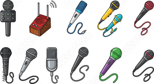 Set of Microphone Illustrations Including Wired, Wireless, and Colorful Designs for Audio, Sound, and Music Equipment Themes