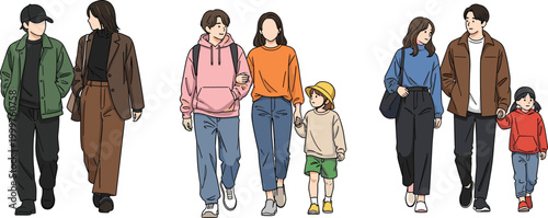 Illustration of People in Casual Streetwear Walking with Family and Friends in Urban Outdoor Settings for Lifestyle and Fashion Themes