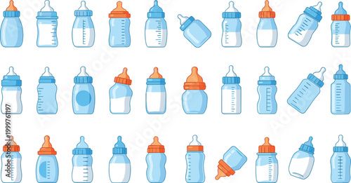 Baby Bottle Vector Set Featuring Different Bottle Designs, Sizes, and Lids for Parenting, Baby Care, and Feeding Illustrations