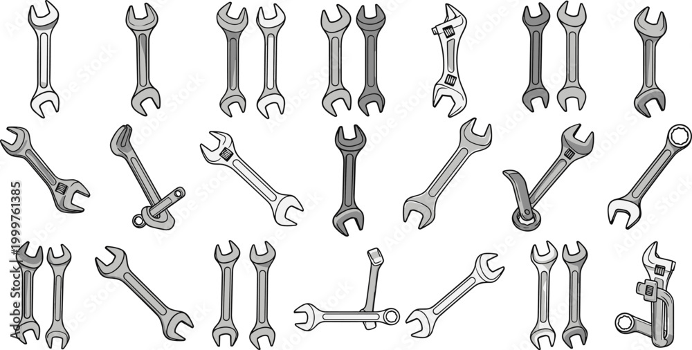 Obraz premium Wrench Vector Set Featuring Different Wrench Designs, Styles, and Angles for Tools, Mechanic, and Construction Illustrations