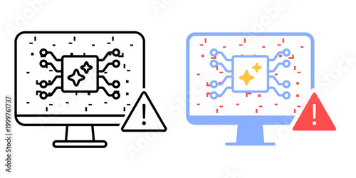 Hallucination warning symbol. AI output box with distortion and alert triangle. Unreliable AI result indication. Simple geometric illustration.