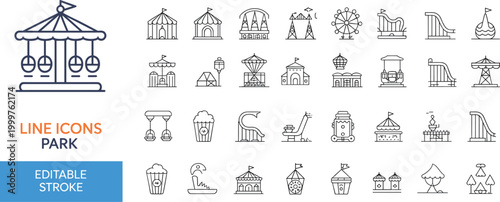 Set of amusement park line icons, roller coasters, Ferris wheels, carousels, circus tents, water slides, popcorn, and entertainment symbols