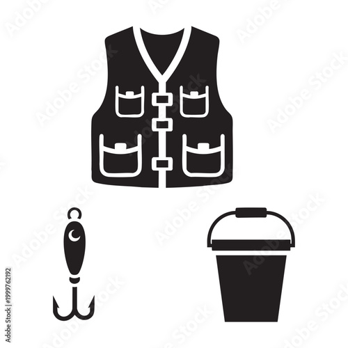 Fishing enthusiast icons with vest and lure set