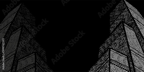 Abstract cyber city skyline with digital text and line texture on black.