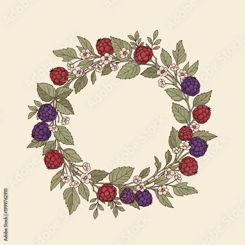 Circular wreath of red raspberries and purple blackberries with green leaves.
