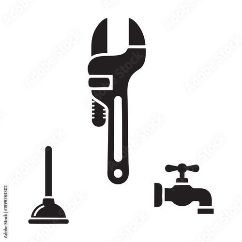 Plumbing dad icons with pipe wrench and plunger set