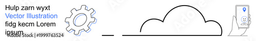 Cloud computing, data storage, networking, mobile technology, innovation, software solutions. Gear icon, cloud symbol and smartphone with location marker. Cloud computing and data storage