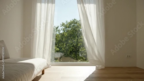 Minimalist Interior with Open Window Breeze Scene