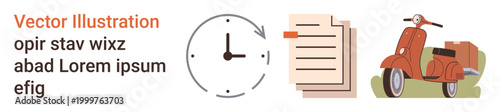 Productivity, organization, time tracking, vintage transportation, task planning, freelance lifestyle. Clock, document scooter. Productivity and time tracking through icons