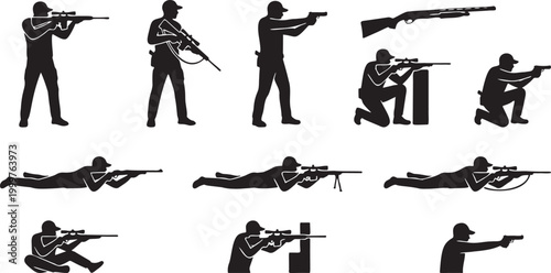 Shooting Stances Silhouette Icon Set - Precision Rifle and Pistol Postures.