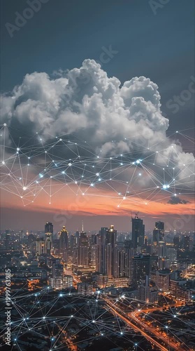 Vibrant Urban Skyline Interconnected by Cloud Computing Network, Illustrating Data Flow, Digital Transformation, and Advanced Technology for a Smart Global Metropolis