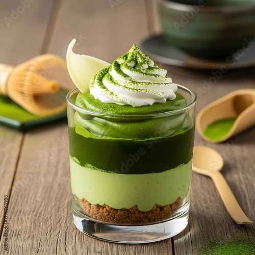 Layered green tea dessert confection presented in a clear glass on a rustic wooden surface.