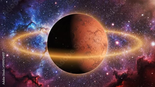 Red planet ringed in nebula.