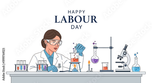 A stylized vector illustration depicting a female scientist in a lab coat and safety goggles conducting an experiment with beakers and a microscope on a table, celebrating Labour Day