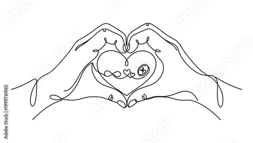 Continuous line drawing of hands forming heart shape.