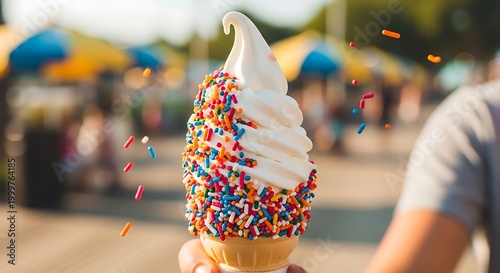 Vanilla frozen dessert topped with multicolored sprinkles held outdoors on a sunny day