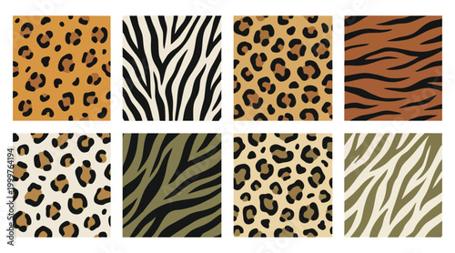 Seamless animal skin vector patterns featuring diverse leopard spots and tiger stripes in organic earthy tones for creative design projects