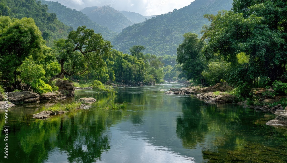 Obraz premium Serene river winding through lush green mountains