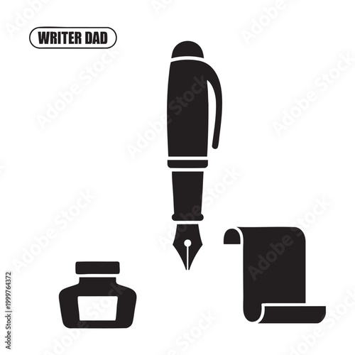 Writer dad academic icons with pen and inkwell set