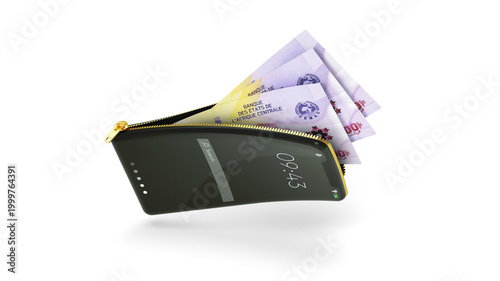 A black smartphone with a gold zipper functioning as a wallet, filled with purple Central African CFA franc notes. A metaphor for mobile money, digital finance, and CEMAC region banking technology.