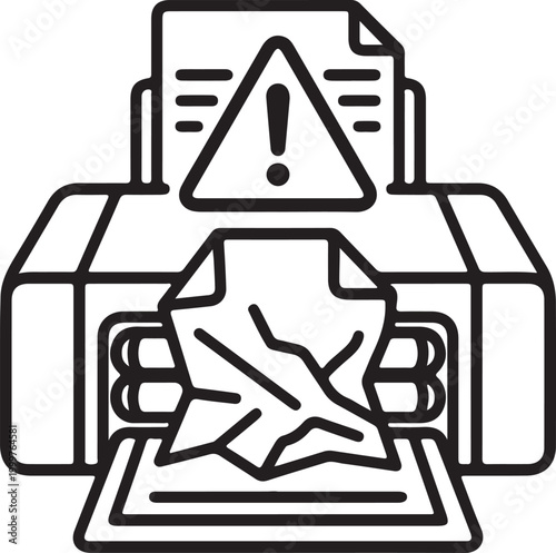 Printer with paper jam error alert icon and crumpled document sign art.