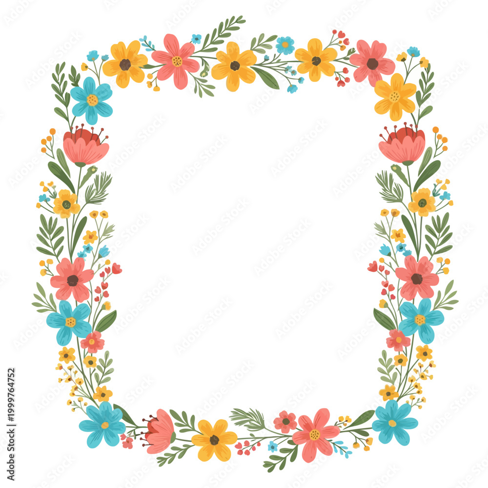 Obraz premium Square floral frame with colorful spring flowers and green leaves.