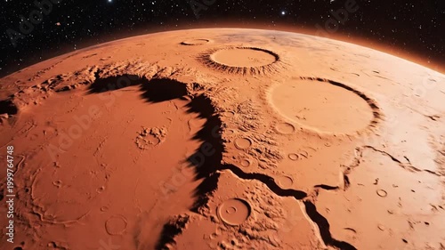 Red planets cratered surface.