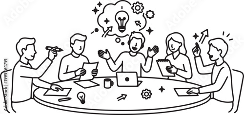 Diverse business team brainstorming ideas around table having fun.