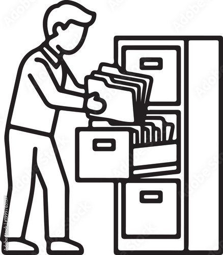 Office clerk organizing paper documents in metal filing cabinet unit.