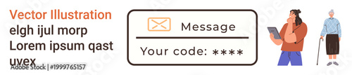 Digital communication, message verification, identity security, code authentication, elder technology use, contact messaging. Input box with code and message. Digital communication and verification