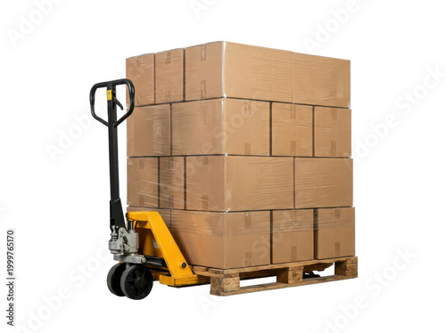A yellow pallet jack is lifting a tall stack of cardboard boxes on a wooden pallet against a clean white background.