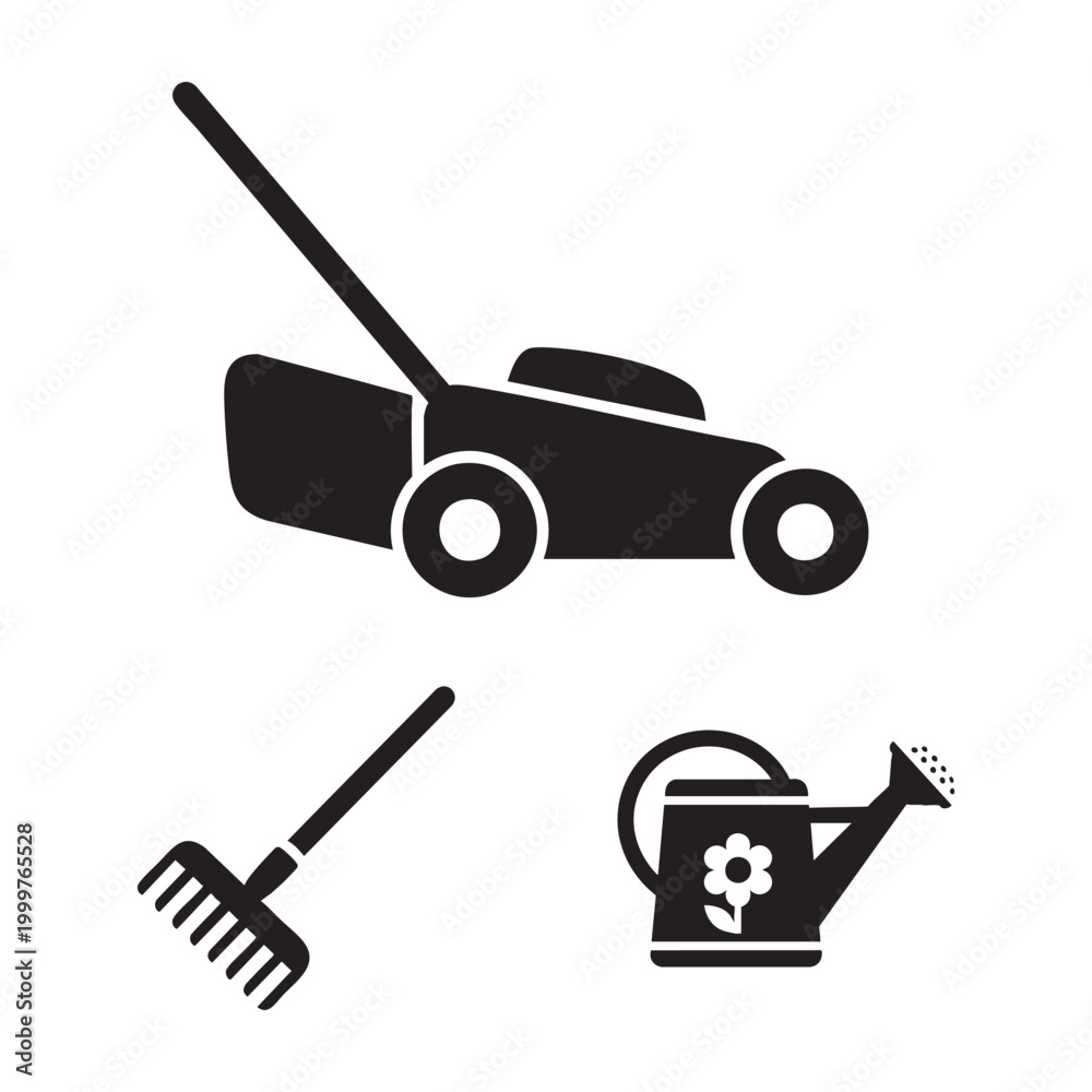 Fototapeta premium Garden maintenance lawnmower and rake set