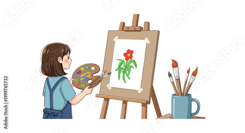 Young artist painting a flower on canvas, art supplies, creative hobby, illustration