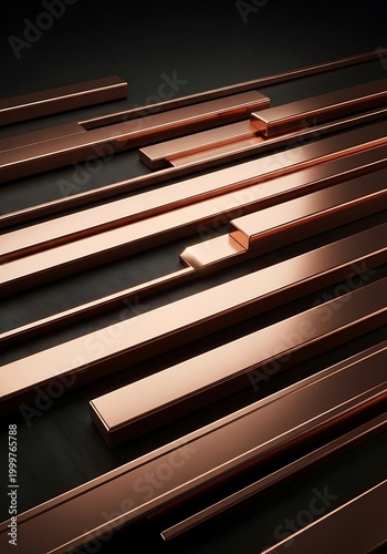 Multiple polished metallic bars with a warm copper tone are arranged diagonally across a dark surface.