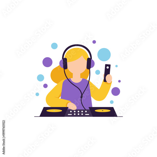 Young Woman DJing with Headphones and Music Controller, Colorful Bubbles Background