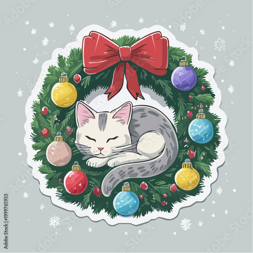 Cute Cat Sleeping in Christmas Wreath with Ornaments