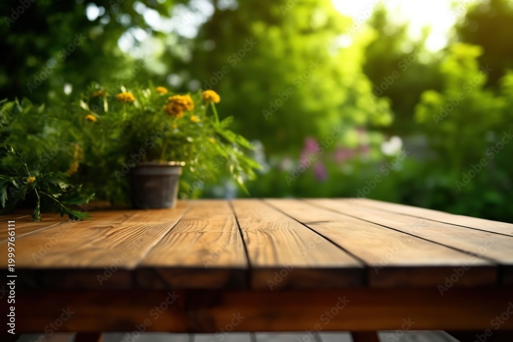 Fototapeta premium Wooden Table Surface with Blurred Forest Background