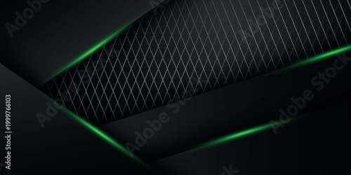 Dark background with modern metallic mesh line pattern. Modern design with overlapping geometric shapes and glowing light effects.