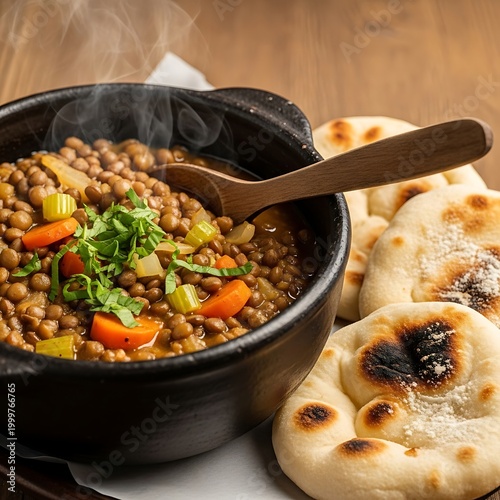 Steaming hot lentil stew served in a dark bowl with freshly baked flatbreads nearby