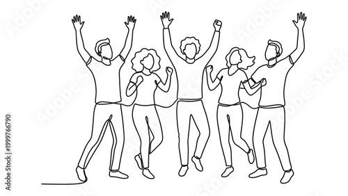 Continuous line drawing of happy people celebrating.