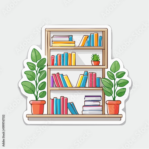 Illustration of a Bookshelf with Potted Plants