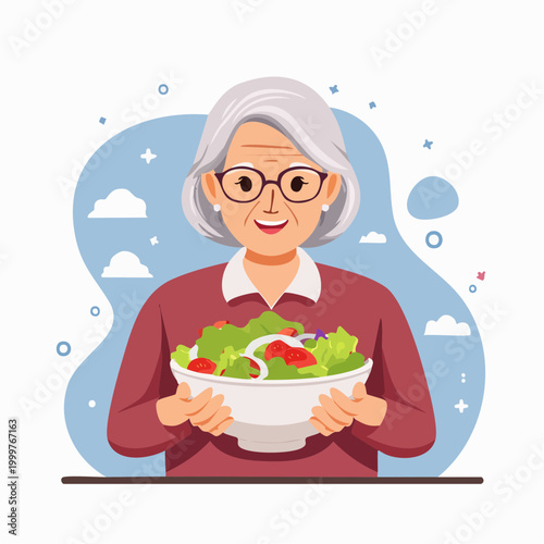 Elderly Woman Holding a Fresh Salad Bowl