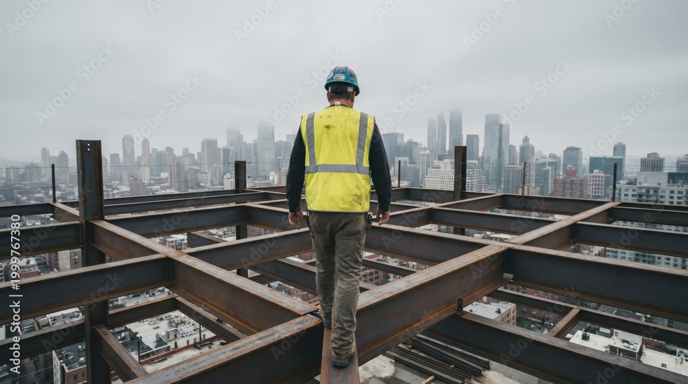 Naklejka premium Construction workers back close up worker concept. Construction worker in safety vest walking on steel beams with city skyline view