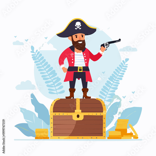 Cartoon Pirate Standing on Treasure Chest with Pistol