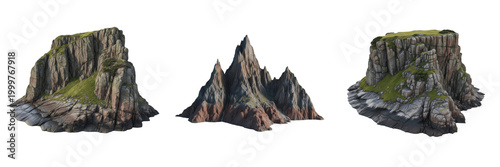 Fotografía Majestic Dark Mountain Range Peaks Isolated on White Background - Rugged Landsca
