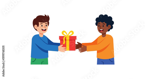 Two people exchanging a gift box.