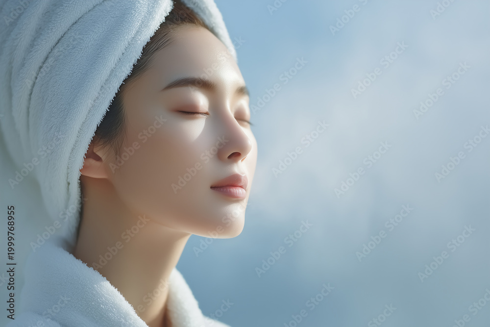 Fototapeta premium スチームでスキンケアする美しい女性 コピースペース 美容広告 A beautiful woman doing skincare with a facial steamer.