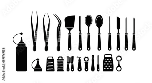 Black silhouette kitchen utensil icons set.