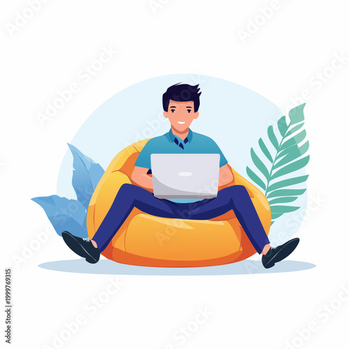 Man Working on Laptop While Relaxing on Bean Bag Chair