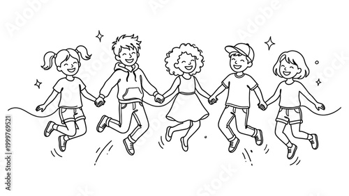 Children jumping and holding hands together.